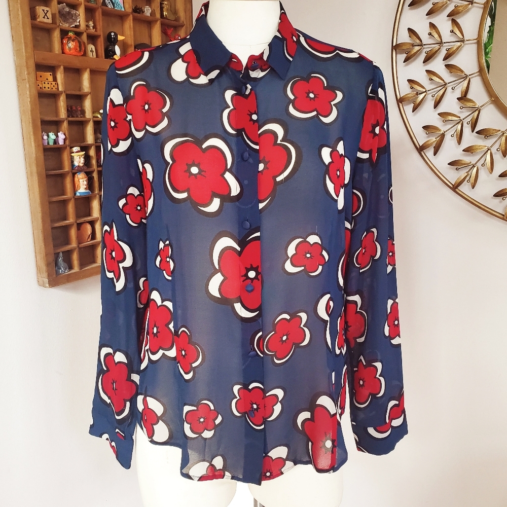 RED Valentino Navy and Red Floral Blouse